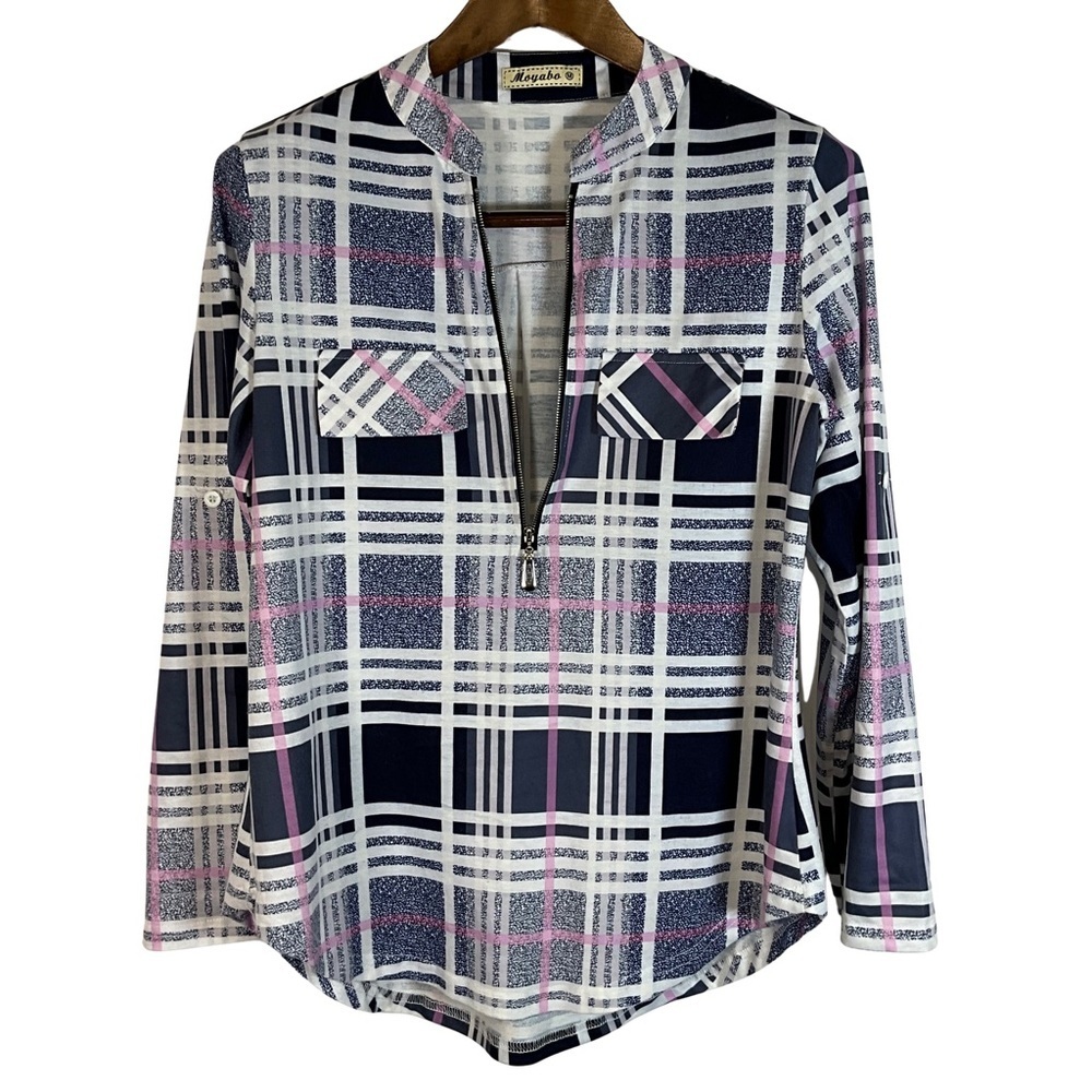 Moyabo Blouse Size M Navy and Pink Plaid Front Zip Button tab Sleeves - Picture 6 of 9